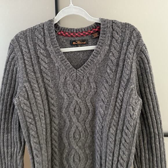 Ben Sherman Mens Sweater Size Medium Gray Wool Cable Knit Fisherman Aran Classic - Picture 6 of 8